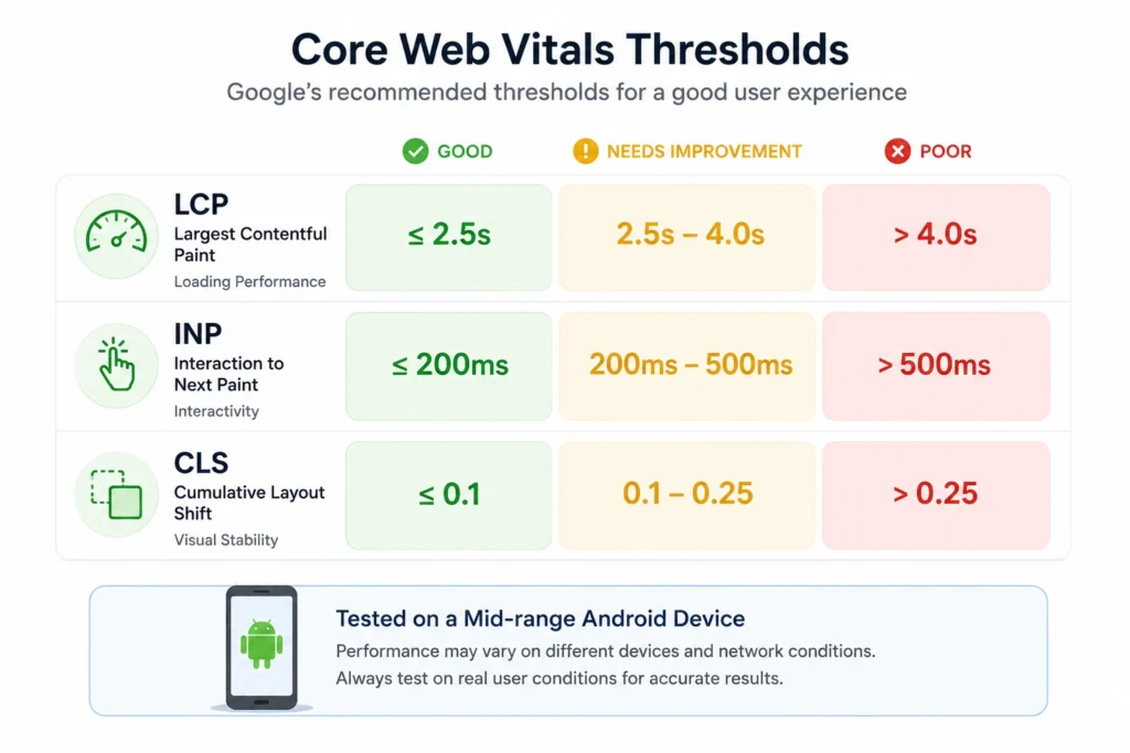 Core Web Vitals thresholds 2026 LCP, INP, CLS